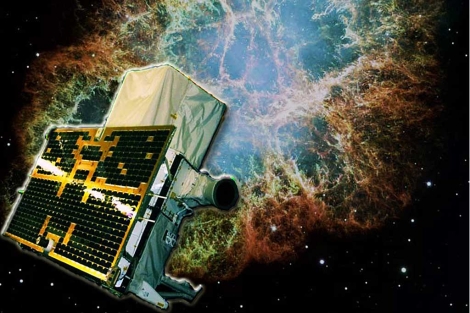 Recreación del satélite AGILE y la nebulosa del Cangrejo. | ASI/INAF/NASA