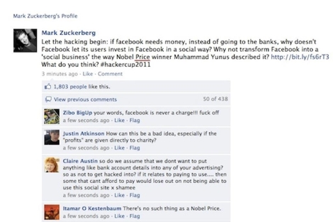 El mensaje publicado en la pgina de fans de Mark Zuckerberg.
