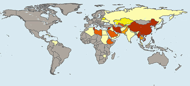 Mapa de países que bloquean la Red por razones políticas. | OpenNet Initiative