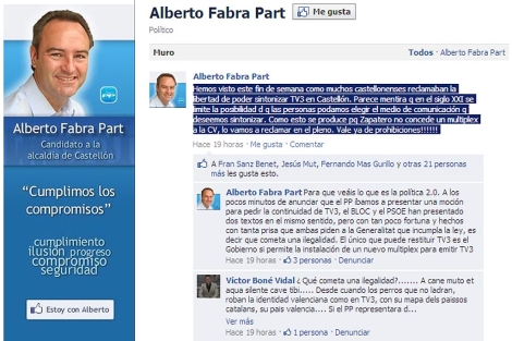 Captura del perfil de Alberto Fabra en Facebook.
