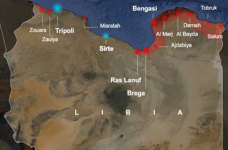 En rojo, las ciudades de los rebeldes y en azul, las de Gadafi. VEA EL GRÁFICO