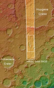 El entorno del cráter alargado. | ESA/MGS/MOLA Science Team