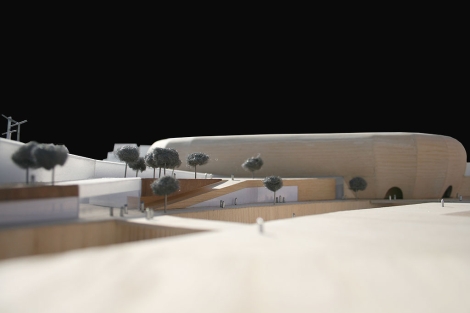 Parte de la maqueta del proyecto global de Es Fort, con la imagen del nuevo estadio Llus Sitjar| EL MUNDO