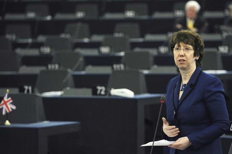 Ashton, en un discurso en el Parlamento Europeo sobre Libia.| Efe