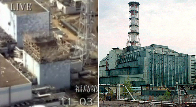 Los reactores 1 y 2 de Fukushima y el sarcfago que cubre Chernbil.