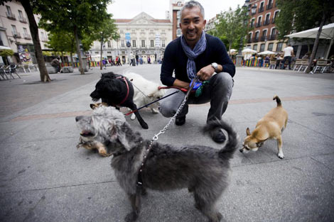 Csar Milln posa con varios perros en la popular Plaza de Santa Ana. (Foto: R. Crdenas)