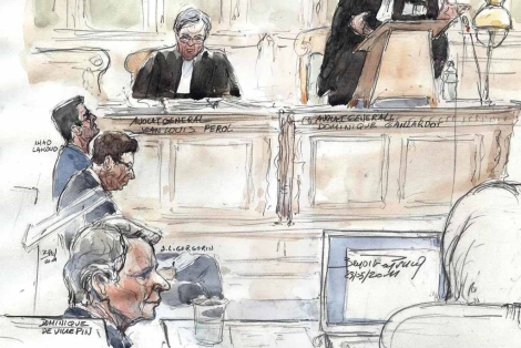 Boceto de Villepin (abajo a la izquierda) asistiendo al juicio. | Afp