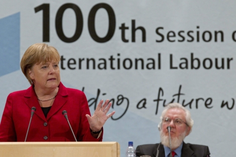 ngela Merkel durante su intervencin en la asamblea de la OIT.| Salvatore Di Nolfi/EFE