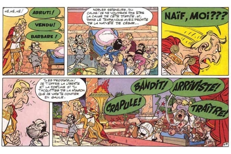 Ilustraciones de 'Asterix y la cizaa', con el manuipulador Tullius Detritus como protagonista.