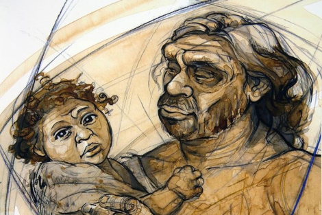 Recreacin de un neandertal europeo, cuidando de su hijo.| Sonia Cabello