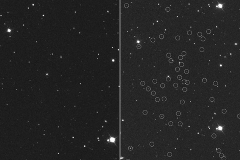 El cielo que ven los astrónomos a la derecha, y las estrellas de Segue 1, en los círculos, a la derecha.| Marla Geha