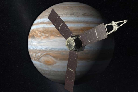 Recreacin de la nave Juno junto al planeta Jpiter. | JPL/NASA