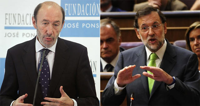 El candidato a las generales por el PSOE, Alfredo Prez Rubalcaba, y por el PP, Mariano Rajoy. | Efe / Bernardo Daz