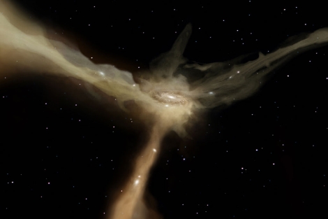 Recreacin artstica del nacimiento de estrellas en una galaxia. | ESA