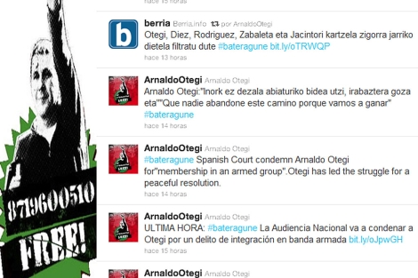 Mensajes de Otegi referentes a la condena en su twitter.