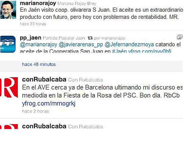 Dos de los ltimos mensajes 'colgados' por Rajoy y Rubalcaba en sus cuentas en Twitter.