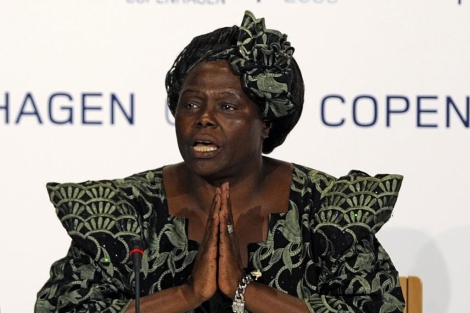 La keniana Wangari Maathai, Premio Nobel de la Paz en 2004, durante una conferencia. | AFP