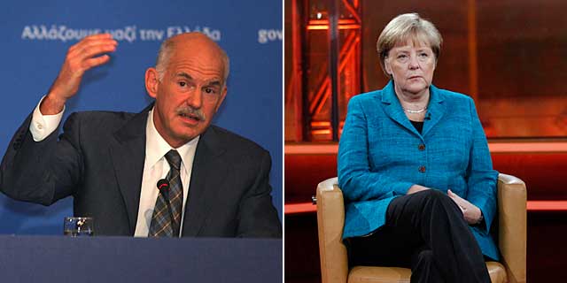 El primer ministro griego, G. Papandreu (izqda.) y la canciller alemana, Angela Merkel (dcha.) | Fotos: Efe / Reuters
