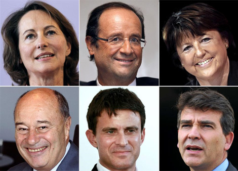 De izquierda a derecha y de arriba abajo: Segolene Royal, Francois Hollande, Lille Martine Aubry, Jean-Michel Baylet, Manuel Valls y Arnaud Montebourg. | Afp