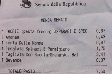 Recibo del comedor del Senado italiano que fue colgado en Facebook