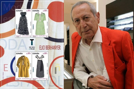 El modisto Elio Berhanyer, junto a los diseos convertidos en sellos de Correos. | Madero Cubero