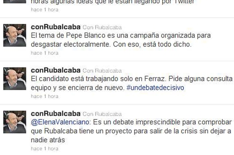 La pgina de Rubalcaba en Twitter con el mensaje sobre Blanco.