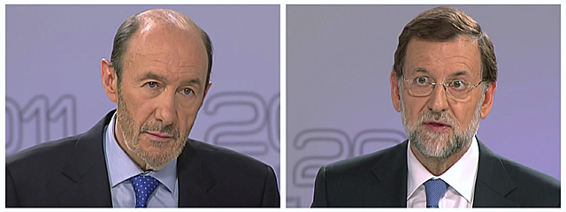 Rubalcaba y Rajoy, en un momento del debate. | Reuters