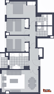 Plano de una vivienda de tres dormitorios.
