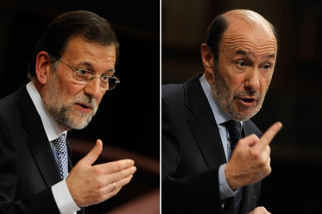 Rajoy y Rubalcaba, en dos momentos del debate. | Foto: Dani Pozo | Montaje: EL MUNDO.es