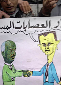 Dibujo de opositores en el que aparece Dabi dando la mano a Asad.| Reuters