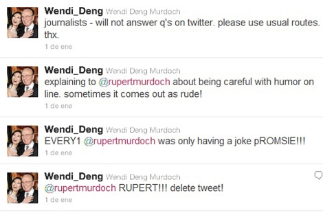 Cadena de 'tuits' en la que Wendi Deng reprende a su marido.