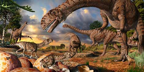 Recreación de dinosaurios adultos y crías saliendo del cascarón. | J. Csotonyi