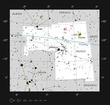 El cuadrado rojo indica la zona estudiada en la constelación de Taurus. | ESO, IAU, Sky & Telescope