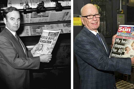 Murdoch, en 1969, con el primer nmero de 'The Sun'. Ayer, con su nuevo peridico. | Reuters