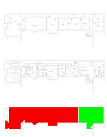 Plano de la vivienda original (arriba) y de las dos nuevas viviendas (abajo).