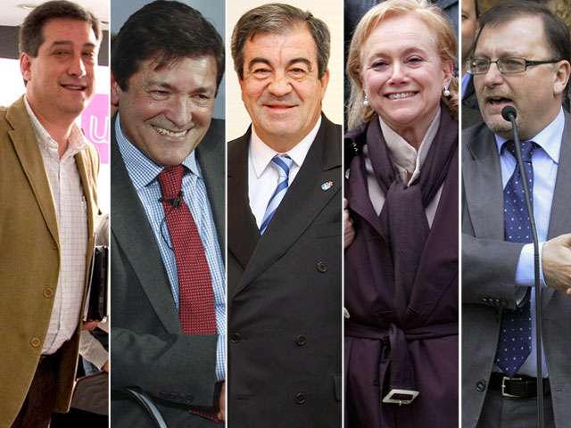Los candidatos de UPyD, PSOE, FAC, PP, e IU para la presidencia de Asturias.
