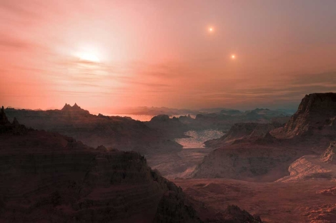 Recreacin artstica de un atardecer en la sper-Tierra 'Gliese 667 Cc'. | ESO