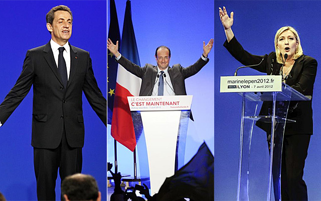 Nicolas Sarkozy, Franois Hollande y Marine LePen.