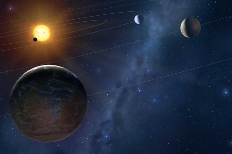 Recreación de cuatro exoplanetas en torno a una estrella.|Mark A. Garlick