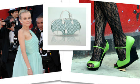 Diane Kruger, en Cannes. Bolso, de Louis Vuitton. Sandalias verdes. Fotos: Gtres y LV.