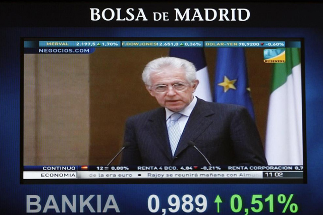 Mario Monti, visto en una pantalla de la Bolsa de Madrid. | Efe