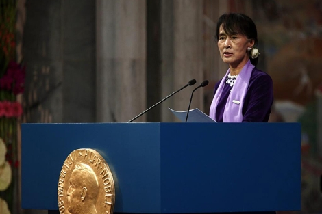 Imagen de Suu Kyi durante su discurso. | Reuters