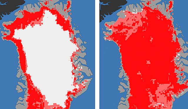 Imagen de la superficie de Groenlandia con hielo y sin él. | NASA