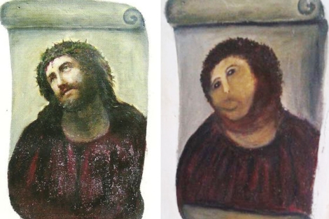 El cuadro, antes y después del destrozo.