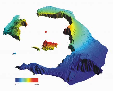 Mapa de Santorini. En rojo, las zonas que más cambios experimentaron. | ESA