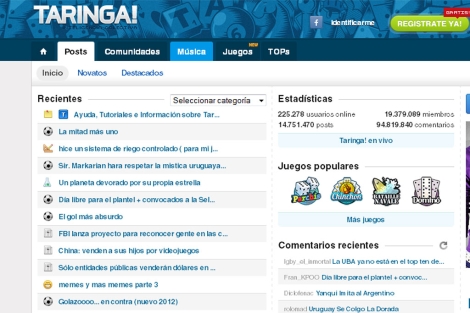 Detalle de la página web 'Taringa'.