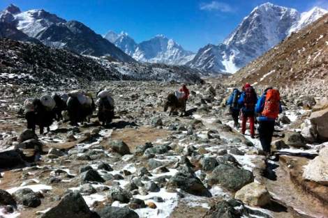 Un grupo de porteadores camina hacia el campo base en el Everest. | ELMUNDO.es