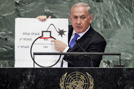 Netanyahu, en el momento de ensear su grfico en la ONU.| Reuters