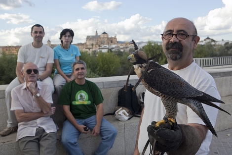 Los responsables del proyecto, con un ejemplar de halcón peregrino. | Madero Cubero