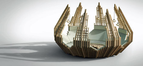 Conjunto de Mathias De Ferm. Ocho sillones de exterior, cada uno con lmpara, que se unen formando un rea de descanso.